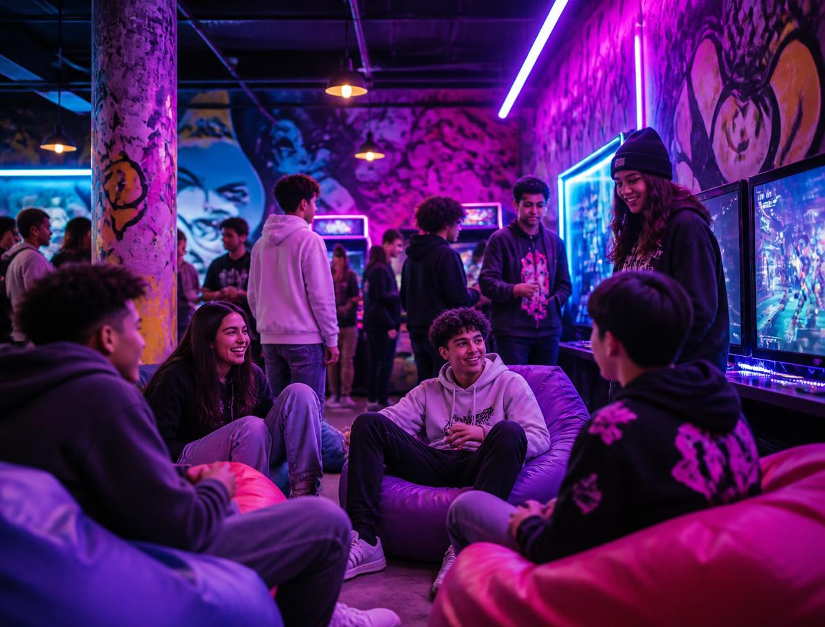 Teenagers relaxing on bean bags in a neon-lit arcade zone with graffiti walls
